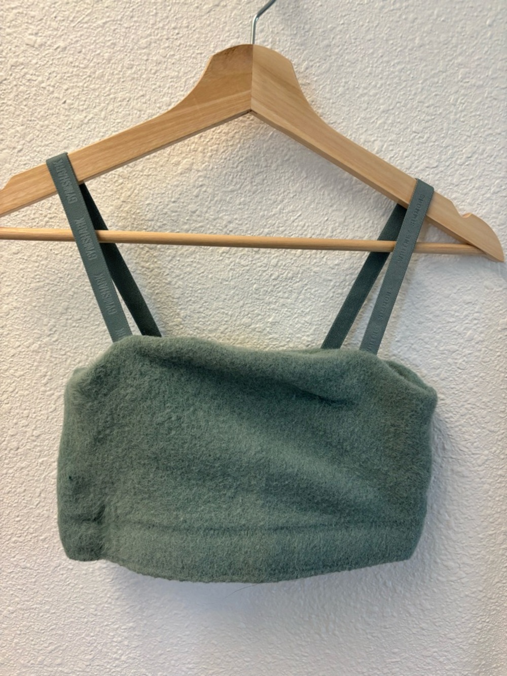 Gymshark Sage Green Fuzzy Tube Crop with Branded Straps